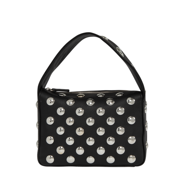 BLACK - KHAITE Small Elena Bag with Studs featuring classic box shape in a miniature scale, zip-top silhouette, studded in silver-tone discs and lined in nappa leather, with slip pocket. 7.5 x 5 x 2.5 in. Handle drop: 4 in. 100% calfskin with zamac studs, nappa lining. Made in Italy.