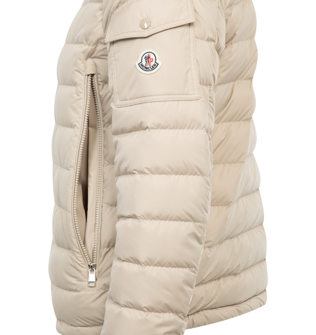 Image 3 of 3 - NEUTRAL - MONCLER Galion Jacket featuring lightweight micro chic, lightweight micro chic lining, down-filled, hood with recycled nylon laqu lining, zipper closure, zipped pockets, chest pocket with snap button closure and adjustable cuffs. 100% polyester. Padding: 90% down, 10% feather. 