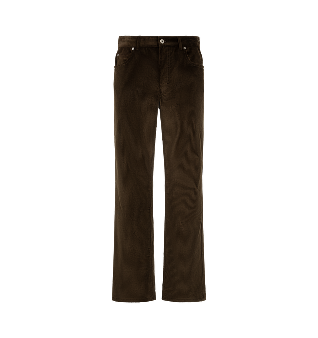 Image 1 of 3 - BROWN - Loewe Men's Corduroy Trousers are crafted from medium-weight brown cotton corduroy and feature a regular fit with a mid-rise waist, straight leg, and regular length. A concealed zip fly and classic five-pocket construction define the silhouette, while an embossed Loewe leather and suede patch accents the back. Main Material: Cotton. Made in Italy. 