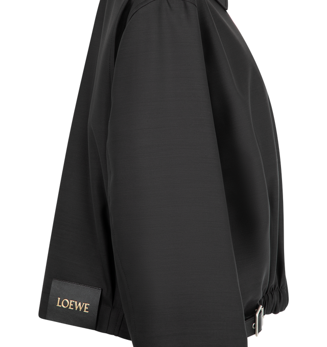 Image 3 of 3 - BLACK - LOEWE Belted Jacket featuring medium-weight wool and silk tailoring, a gathered front with a leather belt detail, regular fit, regular length, classic collar, zip front fastening, buttoned cuffs, seam pockets, inside jet pocket, fully lined and LOEWE embossed leather patch placed at the back. Wool/Silk. Made in Italy. 