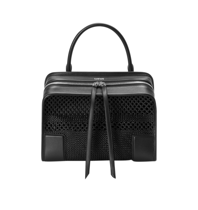 Image 3 of 14 - BLACK - Loewe Women's Medium Amazona 180 Bag is crafted from woven nappa calfskin and features a relaxed silhouette inspired by one of the house's iconic designs. Designed with a single Toron top handle and removable shoulder strap, it can be carried by hand, over the shoulder, or crossbody. A concealed magnetic closure, zip fastening with dual leather pullers, two compartments, an internal flat pocket, and a side D-ring provide functional organization. Finished with palladium-tone hardware, 