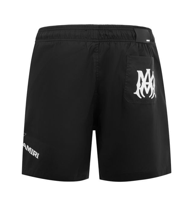 Image 2 of 3 - BLACK - AMIRI Sport Swim Trunk featuring printed logo, elasticated waist with drawstring, back patch pocket with MA logo and side welt pockets. 100% polyester.  