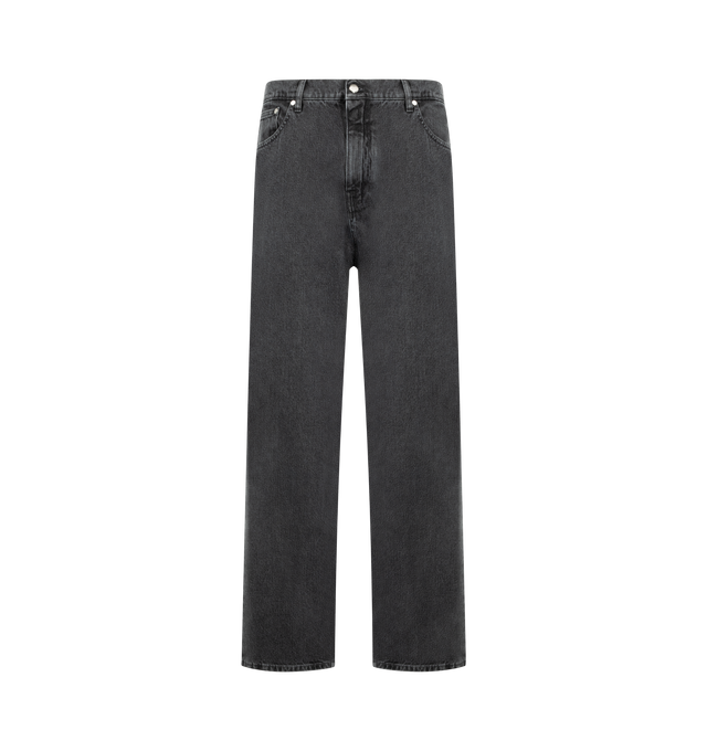 Image 1 of 3 - BLACK - Jil Sander Mens Jeans are crafted from lightweight denim. Feature a relaxed fit, zip fly with metal button closure, five-pocket styling, and a leather belt loop with embossed Jil Sander logo. Main Material: 100% Cotton. Made in Italy. 