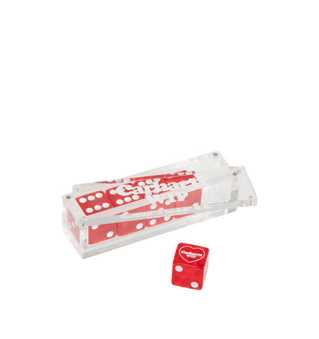 Image 2 of 2 - RED - CARHARTT WIP Heart Dice Set comprises a set of five dice in a clear case, detailed with graphic lettering. Each die features an embossed graphic. 