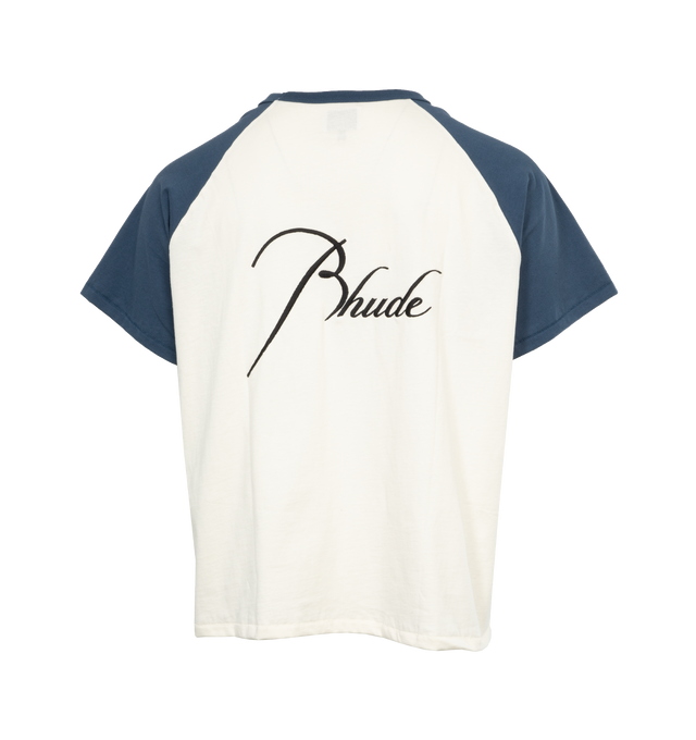 Image 2 of 4 - WHITE - RHUDE Raglan T-Shirt featuring rib knit crewneck, logo embroidered at chest and back and raglan short sleeves. 100% cotton. Made in United States. 