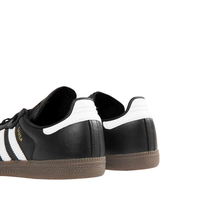 Image 3 of 5 - BLACK - ADIDAS Samba Bape Sneaker featuring leather uppers, gum rubber soles, 3-stripe detail, gold foil lettering, lace up closure and STA logo on lateral. 