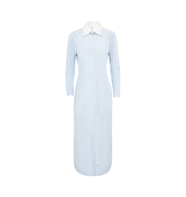 Image 1 of 2 - BLUE - THOM BROWNE Midi Shirt Dress featuring striped print, midi length, patch detail, shorter at the front, front buttoned closure, button fastening, logo at the back label, front logo and appliqud logo. 100% cotton. 100% silk. 