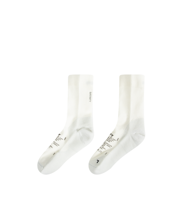 Image 2 of 3 - WHITE - SATISFY Merino Nylon Tube Socks featuring cushioning, support and thermoregulation in all conditions and seasons, constructed from merino wool blended with nylon, mapped construction for cooling, high impact cushioning, and uninhibited movement and reflective SATISFY logo. 65% merino wool, 32% nylon and 3% elastane. 