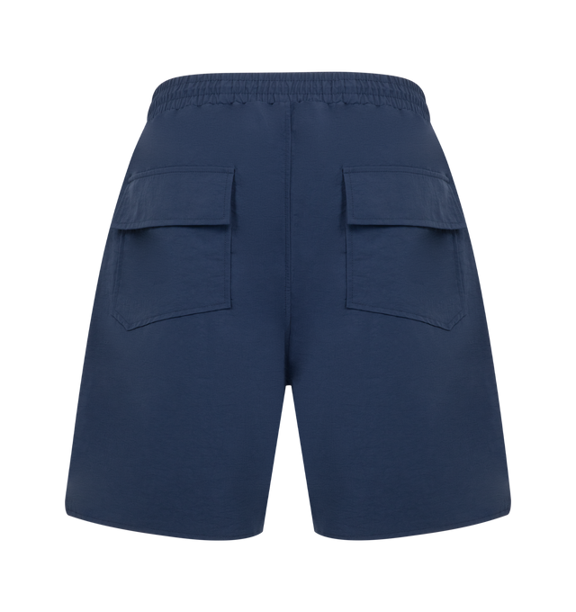 Image 2 of 3 - BLUE - Rhude Mens Nylon Shorts are crafted from premium washed nylon. Feature logo print across the front legs, twin zip pockets with tonal Rhude Pill hardware, and extended drawstrings in signature mustard tone. Main Material: 100% Nylon. Made in the USA. 
