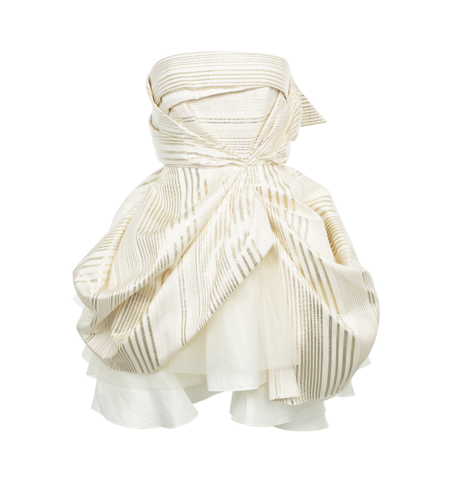 Image 1 of 3 - WHITE - CHRISTOPHER JOHN ROGERS Metallic Stripe Mini Dress featuring draping throughout, mini length, strapless, metallic stripes, layered detail and ruffles underneath. 70% viscose, 20% nylon, 10% metallic polyester.  