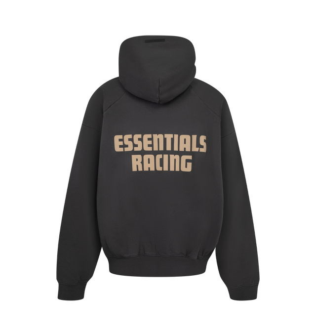 Image 2 of 2 - BLACK - Fear of God ESSENTIALS Men's Classic Half Raglan Hoodie is crafted from pigment-dyed heavyweight cotton fleece and features a classic relaxed-fit silhouette with half raglan sleeves for a vintage-inspired athletic look. Designed with a FOG puff-print graphic at the front and an Essentials Racing puff-print graphic across the back, this elevated everyday essential is finished with a double-layer hood, side pockets, rib-knit cuffs and hem, and a signature Essentials label at the hood. M 