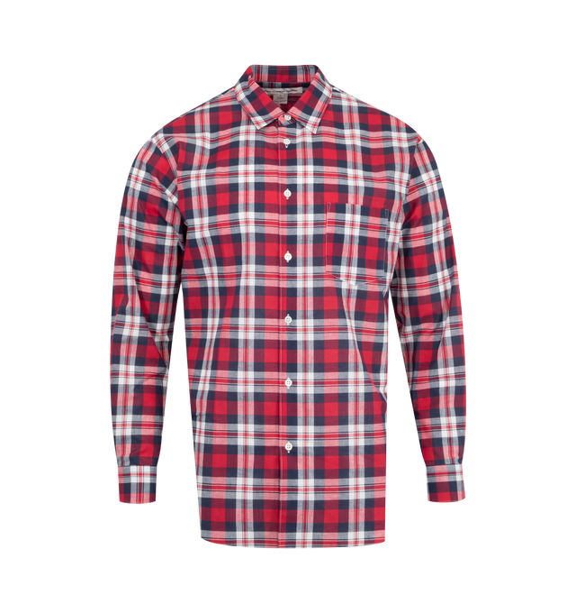 Image 1 of 2 - RED - CDG Flannel Shirt featuring spread collar, button closure, patch pocket, single-button barrel cuffs and twin pleats at back yoke. 100% cotton.  