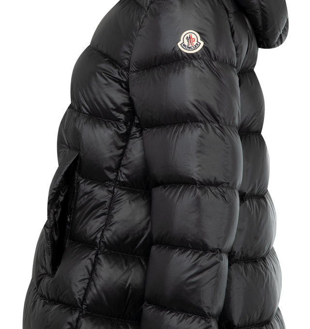 Image 3 of 3 - BLACK - MONCLER Suyenne Hooded Mid-Length Down Jacket featuring recycled longue saison lining, down-filled, adjustable hood, zipper closure, pockets with snap button closure, elastic cuffs and logo patch. 100% polyamide/nylon. Padding: 90% down, 10% feather. 