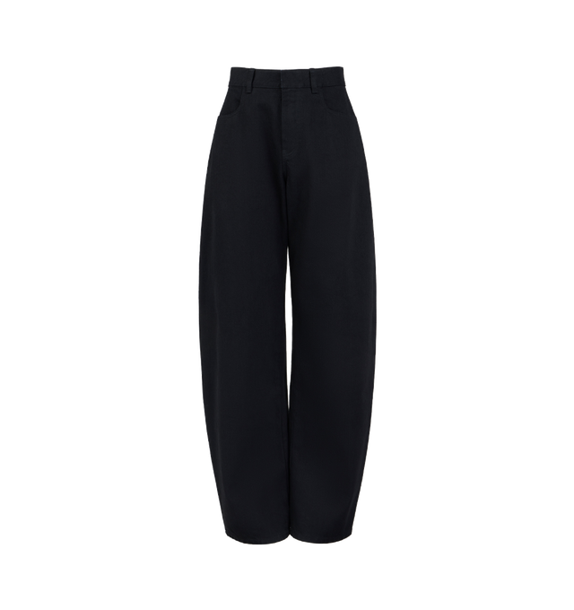Image 1 of 2 - BLACK - Alaa Women's Round Denim Jeans are crafted from black denim and feature a high-rise waist with the brand's signature round-fit silhouette. Designed with a front zip fly and button fastening, five-pocket construction, and signature Alaa darts at the back, these ankle-length jeans offer a sculpted shape with distinctive volume. Main Material: 99% Cotton, 1% Polyurethane. Pocket Lining: 65% Polyester, 35% Cotton. Made in Italy. 