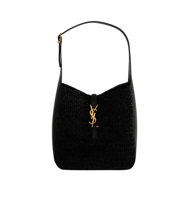 Image 1 of 3 - BLACK - SAINT LAURENT Le 5  7 Small Raffia Bag featuring leather tab closure decorated with the cassandre, supple construction, inner zip pocket, adjustable strap and bronze-toned hardware. 8.7" x 8.7" x 2.83.5". Strap drop: 9.1". Raffia, calfskin. Made in Italy. 