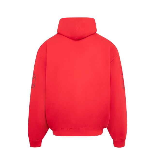 Image 2 of 3 - RED - VETEMENTS Tripple Biker Cross Logo Hoodie featuring cotton-blend French terry hoodie, embroidered logo and drawstring at hood, logo graphic printed at chest, kangaroo pocket at front, rib-knit hem and cuffs, dropped shoulders and graphic printed at sleeves. 80% cotton, 20% polyester. Made in Portugal. 