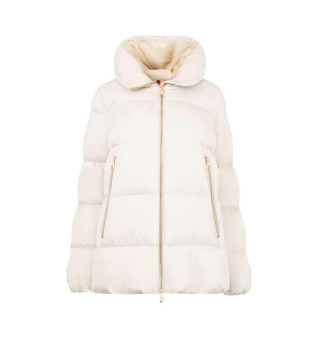 Image 3 of 4 - WHITE - MONCLER Laichefur Hooded Shearling-Trimmed Short Down Jacket featuring brushed polyester, longue saison lining, down-filled, hood with detachable long-haired sheepskin trim, zipper closure and zipped pockets. 100% polyester. Lining: 100% polyamide/nylon. Padding: 90% down, 10% feather.  