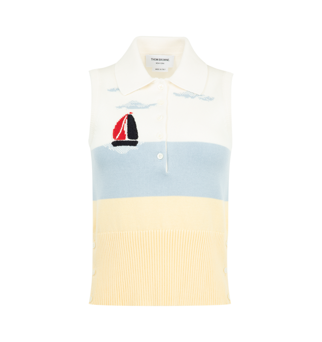 Image 1 of 3 - MULTI - Thom Browne Womens Polo Sweater is crafted from cotton knit. Features a partial button-front closure, ribbed polo collar, sleeveless silhouette, sailboat embroidery, buttoned side vents with signature RWB grosgrain trim, ribbed hem, and signature striped grosgrain loop tab. Main Material: 100% Cotton. Made in Italy. 