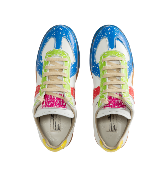 Image 5 of 5 - MULTI - Maison Margiela Men's Replica Paint-Splatter Sneakers are crafted from calf leather and feature a paint-splatter effect. Designed with a round toe and lace-up fastening, they are finished with a logo-print tongue, the signature single-stitch detail at the rear, and a flat gum-rubber sole. Main Material: 100% Calf Leather. Lining: 100% Calf Leather. Sole: 100% Rubber. Made in Italy. 