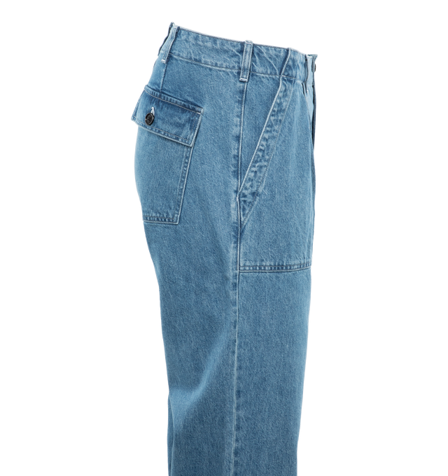 Image 2 of 3 - BLUE - NOAH Denim Pleated Fatigue Pants featuring Japanese denim, patch pockets on front with pleat, zip-fly and button-closure, patch flap pockets with button-closure on back. 100% cotton. Made in Portugal.  