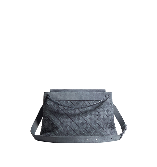 Image 4 of 6 - GREY - BOTTEGA VENETA Andiamo Messenger Bag featuring intrecciato suede leather messenger with denim effect and adjustable detachable cross-body strap, two interior compartments with two flat open pockets and one zipped pocket and flap closure. Lambskin. Lining: canvas. 10.2" x 14.6" x 5.1 Made in Italy. 
