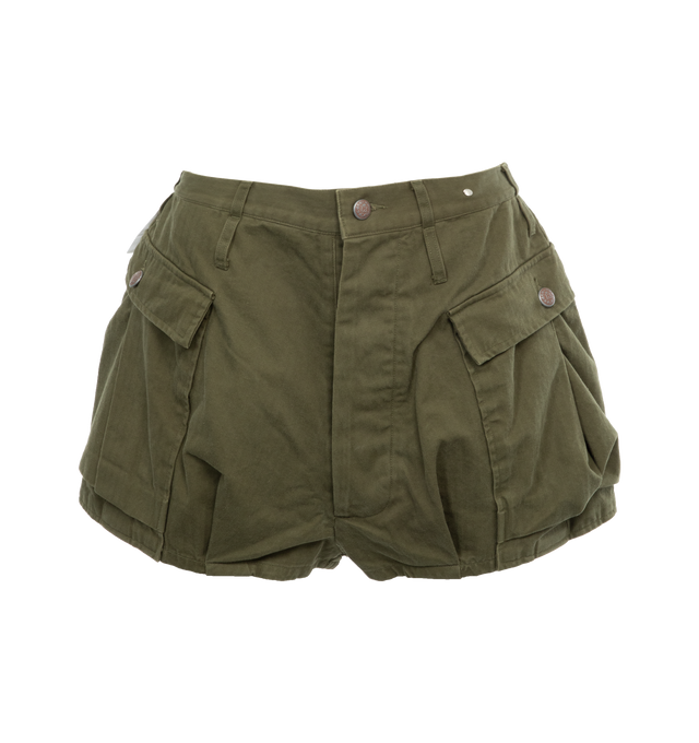 GREEN - R13 Herringbone Skort built from Japanese 100% cotton surplus featuring cargo pockets and double belt loops for flexible styling.