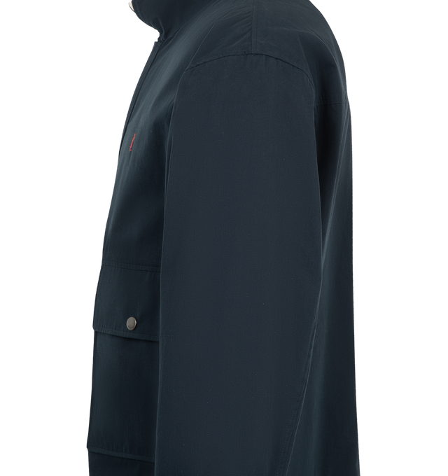 Image 3 of 4 - BLUE - Saint Laurent Mens Reversible Workwear Jacket is crafted from cotton. Features a reversible design, concealed front zip closure with snap-button storm flap, two-way stand collar with embroidered Saint Laurent logo underneath, embroidered Cassandre logo at the chest, snap-button cuffs, two front patch pockets with snap-button flaps, and two welt pockets on both sides. Main Material: 100% Cotton. Made in Italy. 