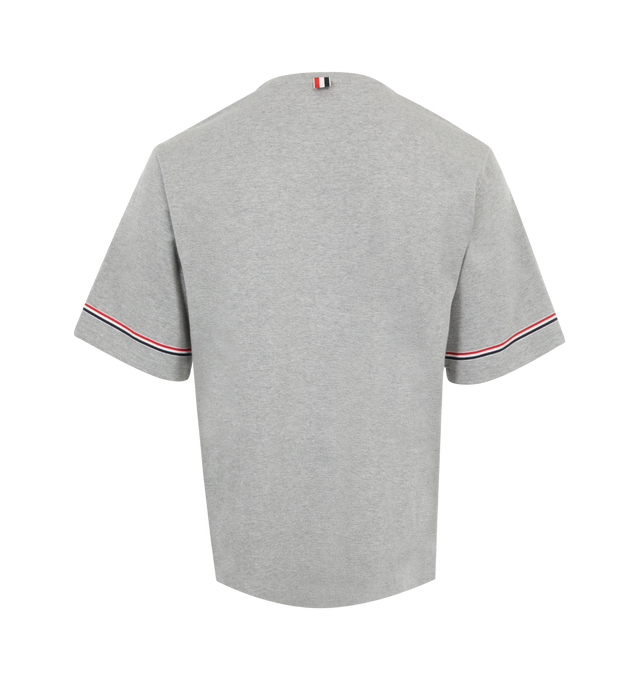 Image 2 of 2 - GREY - Thom Browne Men's cotton rugby short sleeve tee featuring iconic tricolor trim at the sleeve, name tag applique and signature striped grosgrain loop tab. 100% Cotton. Made in Italy. 