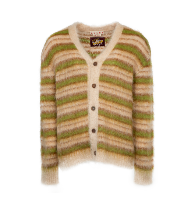 MULTI - MARNI Striped Cardigan featuring brushed knit mohair-blend cardigan, stripes throughout, rib knit Y-neck, hem, and cuffs and button closure. 67% mohair, 28% polyamide, 5% wool. Made in Italy.