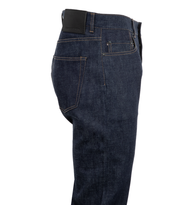 Image 4 of 4 - BLUE - Dark Shadow Denim Pants are a 5-pocket style with a button fly, custom gunmetal rivets and buttons, and embroidered logos. 100% cotton. Made in USA.  