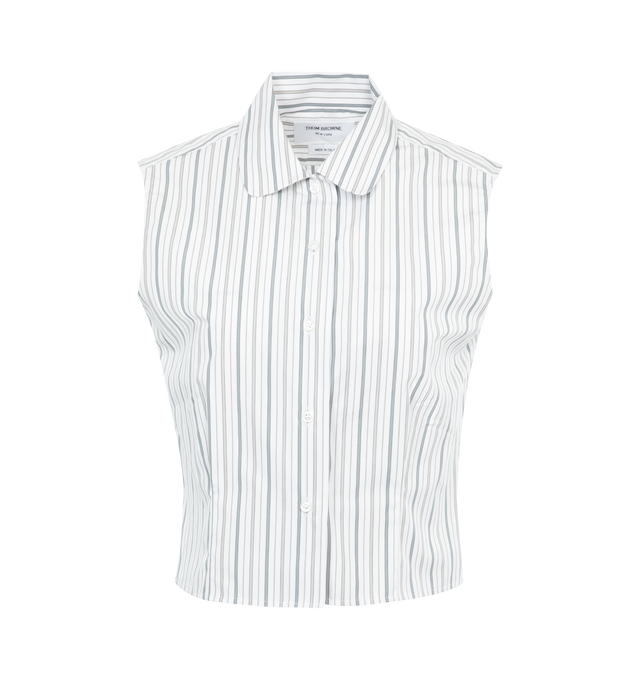 Image 1 of 2 - WHITE - THOM BROWNE Striped Sleeveless Poplin Shirt featuring vertical stripe pattern, classic collar, front button fastening, sleeveless, RWB stripe, straight hem and cropped fit. 100% cotton.  