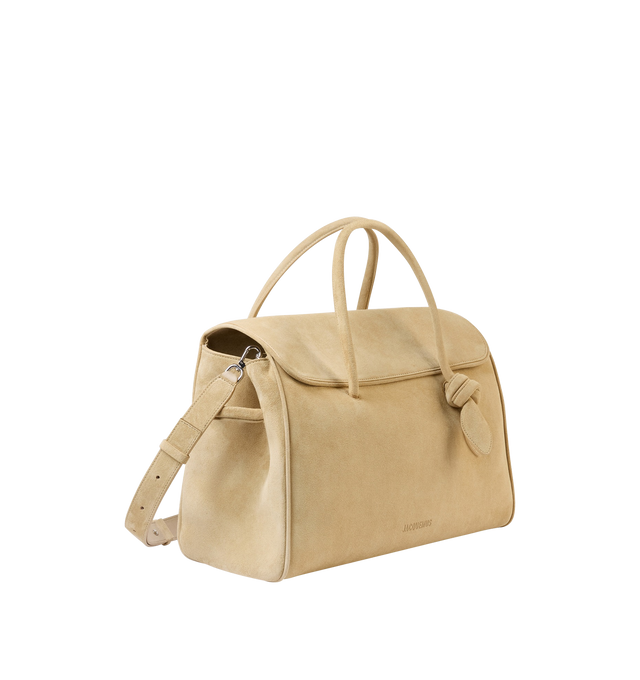 Image 2 of 4 - NEUTRAL - JACQUEMUS Turismo Shopper Bag featuring soft suede, magnetic flap closure, two top handles, adjustable and removable cross-body strap, tied bow detail and large interior patch pocket. 16.54  15.35  7.68 in. Handle height: 7.87 in. 100% calf leather. Made in Italy. 