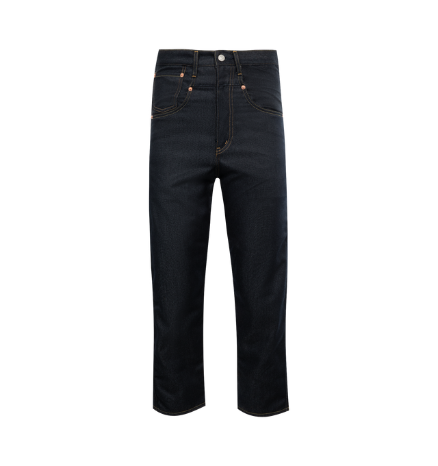 Image 1 of 3 - NAVY - JUNYA WATANABE X LEVI'S Jeans featuring 5-pocket jeans, leather patch at back and belt loops at waist. 100% cotton. Made in Japan. 