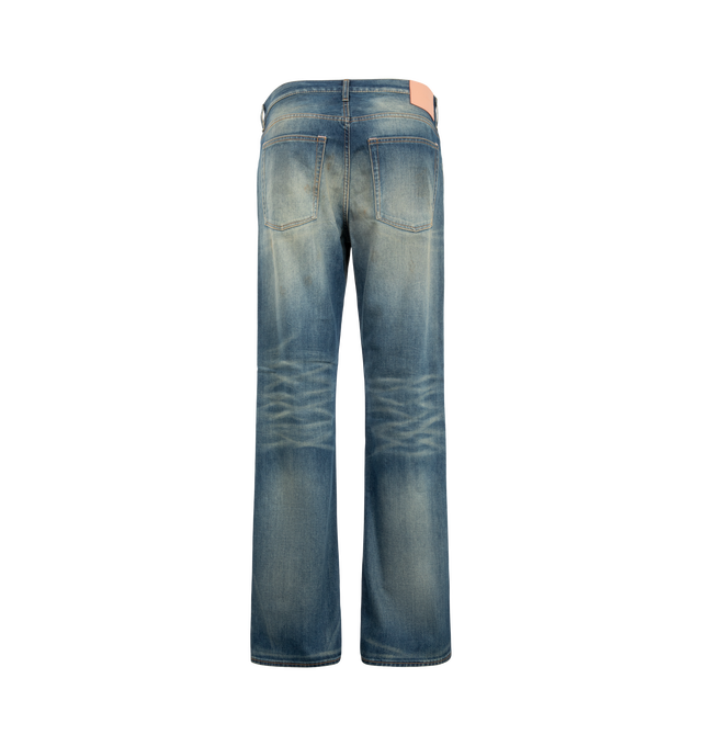 Image 2 of 3 - BLUE - Acne Studios Men's 2010M Streams Jeans are crafted from lightweight indigo-blue broken twill denim and feature a regular-fit silhouette with a low waist and straight leg. Finished with contrasting whiskering and scraping for an authentic worn-in appearance, these jeans are designed with a long length, classic five-pocket construction, and a button fly closure. Main Material: 82% Cotton, 18% Lyocell. Patch: 100% Cow Leather.  