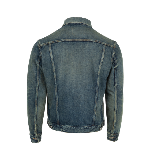 Image 2 of 3 - BLUE - SAINT LAURENT Extra Fitted Denim Jacket featuring front button closure, two welt pockets at the front, two reverse patch pockets with buttoned flap at the chest, pointed collar and one-button cuffs. 98% cotton, 2% elastane. 