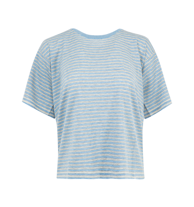 Image 1 of 2 - BLUE - THE ROW Jansu Top featuring scoop neck short-sleeved top in finely knit cotton and cashmere with ribbed neckline and relaxed fit. 70% cotton, 30% cashmere. Made in Italy. 