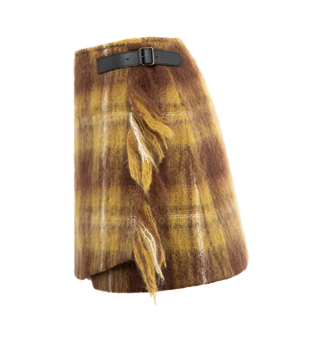 Image 4 of 4 - YELLOW - LOEWE Wrap Skirt in medium-weight mohair and wool blend featuring an allover check pattern, a wrap construction with a leather belt detail, fringes at the front, regular fit, short length, mid waist, concealed button fastening and fully lined. Mohair, wool, polyamide. Made in Italy. 