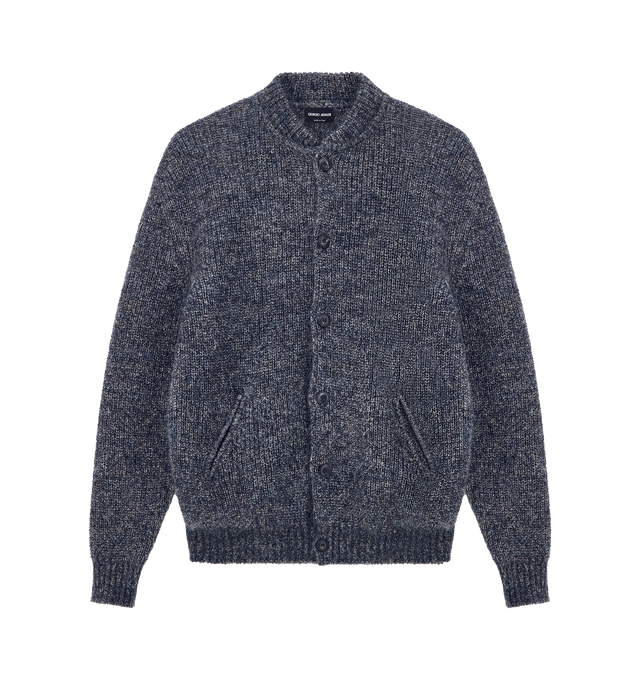 Image 1 of 1 - BLUE - Giorgio Armani Men's Mohair Wool Cardigan is crafted from a soft mohair wool blend and features a distinctive half-cardigan stitch, rounded neckline, button-front closure, and front pockets. Main Material: 58% mohair wool, 35% polyamide, 7% wool. Made in Italy. 