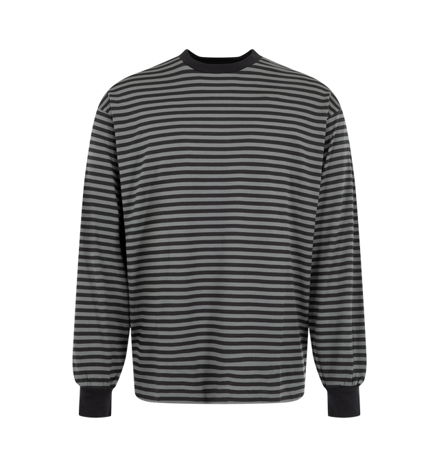 Image 1 of 2 - GREY - Kaptain Sunshine Wool Stripe L/S Tee is crafted from washable merino wool jersey and features a relaxed-fit silhouette, a crew neckline, long sleeves, and a pre-dyed striped pattern. Made from ultra-fine 14.5-micron Super 180's merino wool, this elevated essential offers exceptional softness comparable to cashmere while providing natural temperature regulation and deodorizing properties for year-round wear. Main Material: 100% Wool. Made in Japan. 