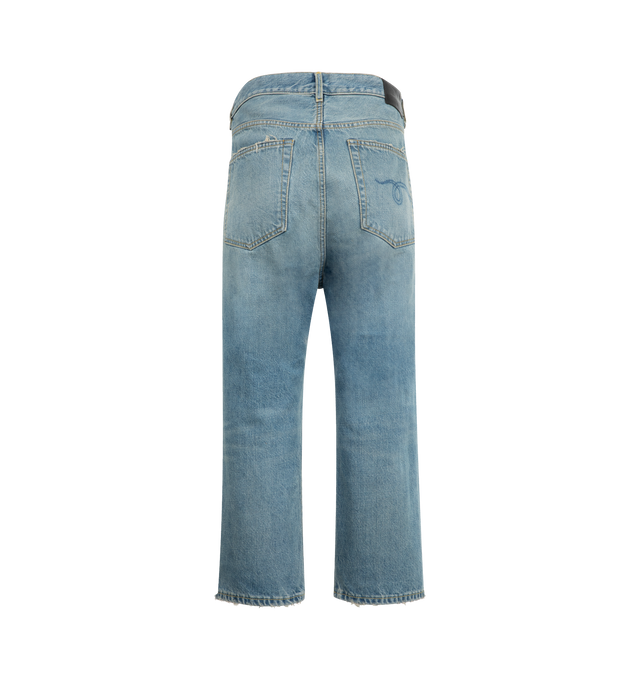 Image 2 of 3 - BLUE - RR13 Tailored Drop Jean featuring relaxed fit drop jean built with mid-weight Japanese rigid indigo denim and treated with a medium indigo wash and mild wear pattern. 100% cotton. 