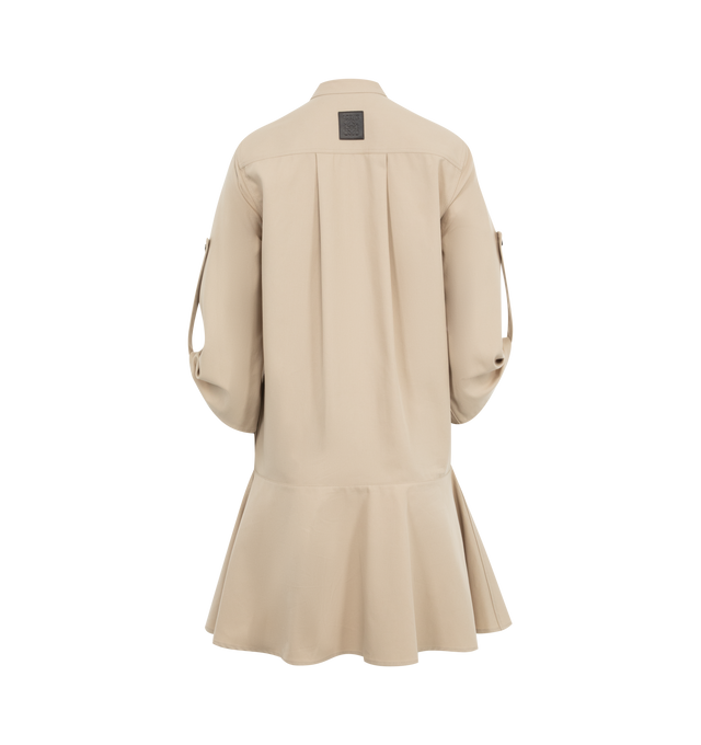 Image 2 of 3 - NEUTRAL - Loewe Women's Military shirt dress featuring stand collar, concealed button closure, button flap chest pockets, turn-up cuffs with buttoned tabs, Anagram calfskin patch, box pleat at the back and flared skirt. 100% Cotton. Made in Italy. 