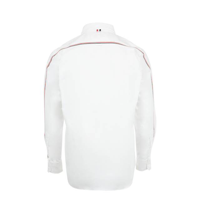 Image 2 of 3 - WHITE - Thom Browne Men's classic shirt featuring signature Thom Browne emblems throughout, front button closure, front patch pocket, name tag applique, pleated back yoke with locker loop, signature striped grosgrain loop tab. 100% Cotton. Made in Italy. 