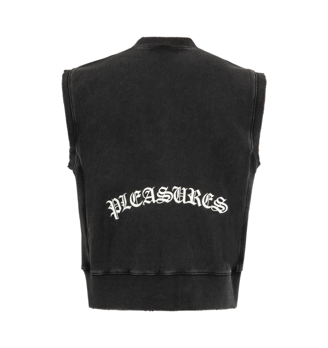 Image 2 of 2 - BLACK - PLEASURES Neural Zip Vest featuring two-way front zip closure, sleeveless, split kangaroo pocket, embroidered graphic detail throughout and terrycloth lining. 91% cotton, 9% polyester. 