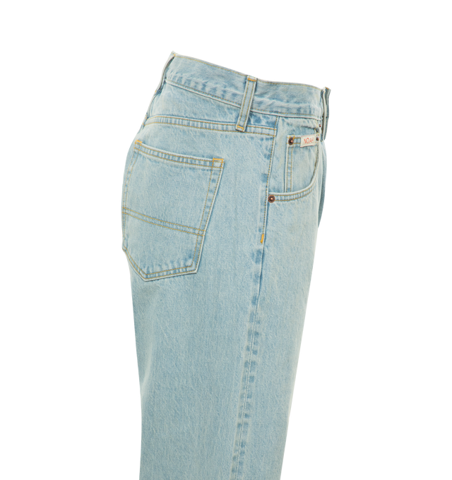Image 2 of 2 - BLUE - NOAH Pleated Jean featuring nonstretch Japanese selvedge denim, straight leg, zip fly with button closure and five-pocket style. 100% cotton. Made in the USA. 