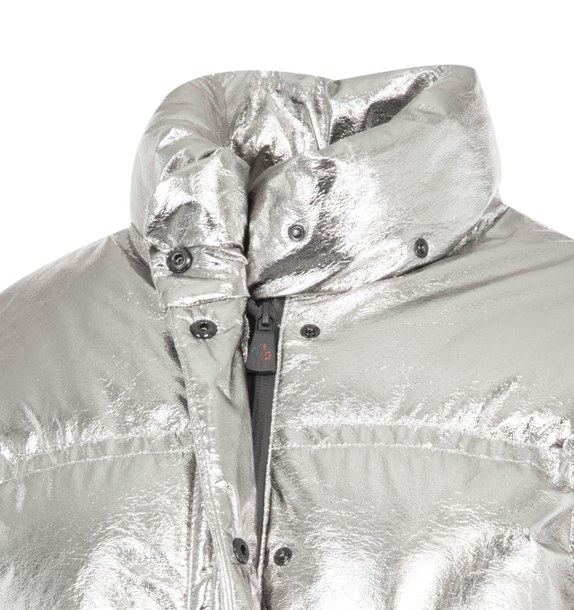 Image 5 of 5 - SILVER - MONCLER GRENOBLE Calaque Metallic Hooded Down Ski Jacket featuring metallic craquel, polyester lining, down-filled and padded, detachable and adjustable hood with teddy lining, YKK AcquaGuard highly water resistant zipper and snap button closure, pockets with snap button closure, inside media pocket with YKK AcquaGuard highly water resistant zipper closure, ski pass pocket, powder skirt, adjustable cuffs, hem with drawstring fastening and stretch jersey wrist gaiters. 100% polyester. 