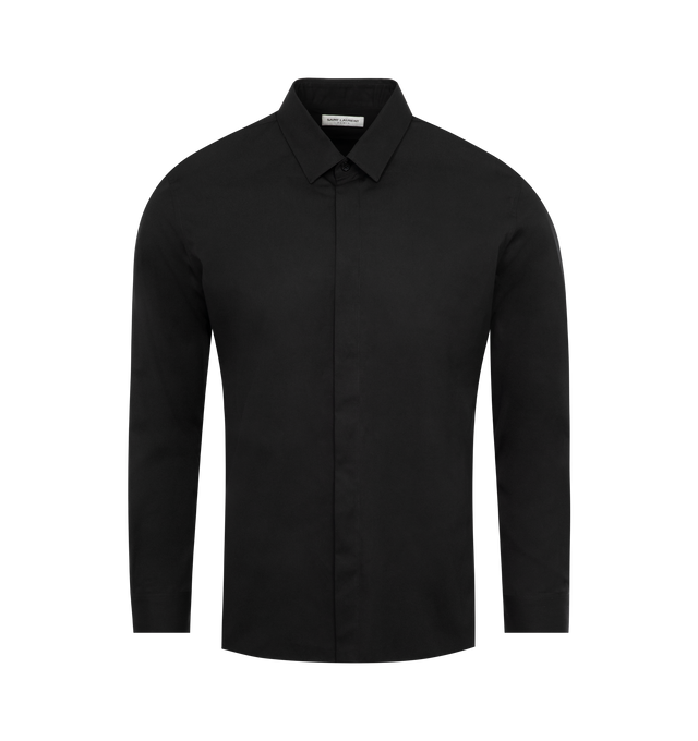Image 1 of 2 - BLACK - SAINT LAURENT Slim Fit Shirt featuring Yves collar, straight shoulder, concealed button placket, pointed collar, one button beveled cuff and curved stepped hem. 100% cotton.  