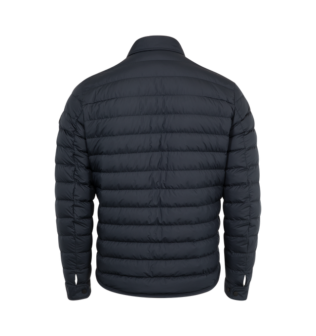 Image 2 of 3 - NAVY - MONCLER Bourdon Down Shirt Jacket featuring AirSoft lining, down-filled, zipper and snap button closure, pockets with snap button closure, zipped inner pocket, adjustable cuffs and leather logo patch. 100% polyester. Padding: 90% down, 10% feather. 