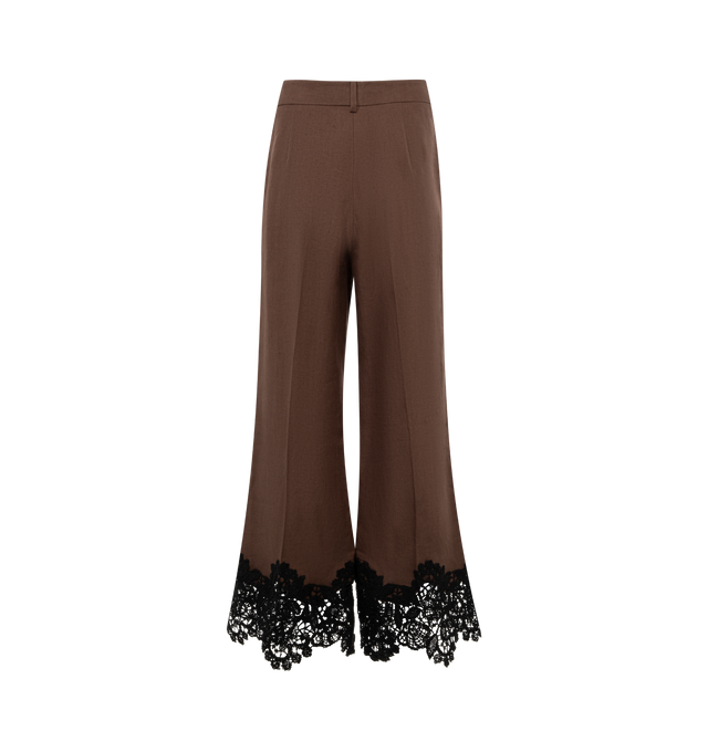 Image 2 of 2 - BROWN - ROSIE ASSOULIN Lace Paneled and Piped Flare Pant featuring high rise, slanted side pockets, full length, wide legs, hidden hook and zip fly closure, belt loops and lace trim. 100% linen. Lining: 100% cotton. 