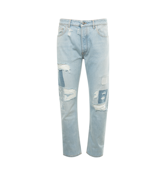 Image 1 of 3 - BLUE - PALM ANGELS Destroyed Jeans featuring patchwork detailing, ripped detailing, belt loops, front button fastening, classic five pockets and straight leg. 100% cotton. 