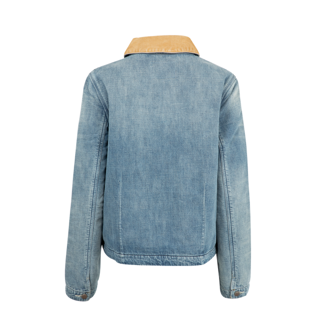 Image 2 of 3 - BLUE - R13 Cropped Chore Jacket featuring a corduroy collar, fitted, cropped, built with lightweight 8 oz. Japanese rigid denim with a medium-light wash and mild wear pattern. 100% cotton. 